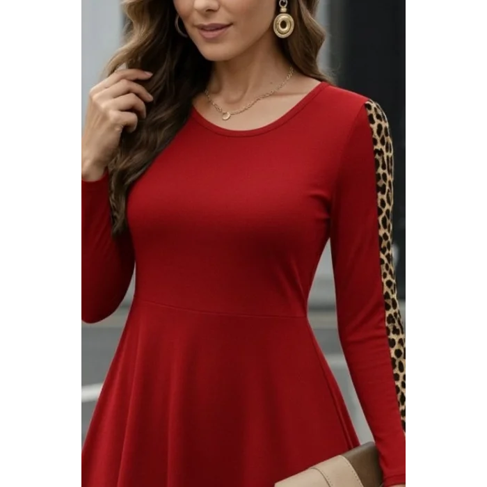 Kadın Uzun Kollu Bisiklet Yaka Kollar Leopar Detay Iki Iplik Mini Boy Elbise