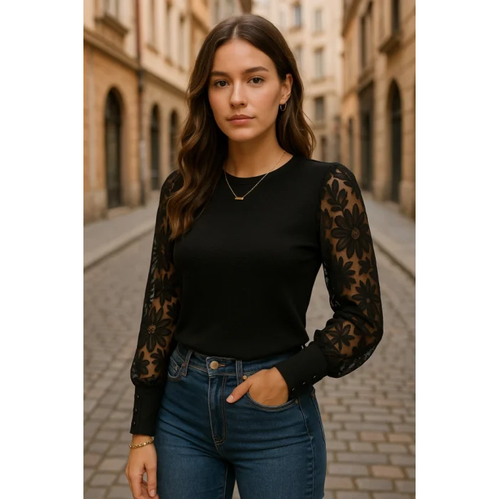 Kadın Uzun Kollu Bisiklet Yaka Kolları çiçekli Waffle Bluz