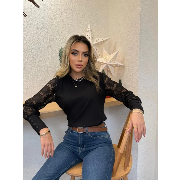 Kadın Uzun Kollu Bisiklet Yaka Kolları çiçekli Waffle Bluz