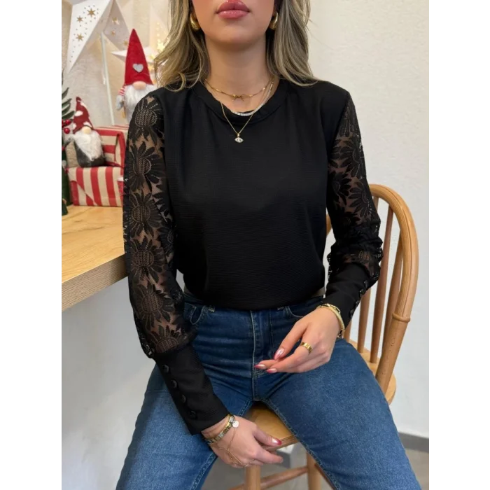 Kadın Uzun Kollu Bisiklet Yaka Kolları çiçekli Waffle Bluz