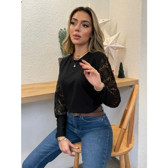 Kadın Uzun Kollu Bisiklet Yaka Kolları çiçekli Waffle Bluz