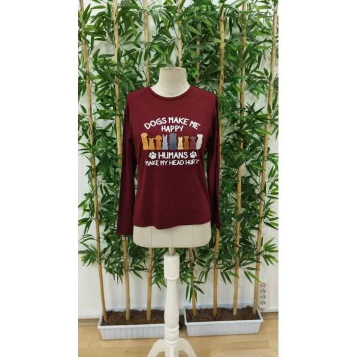 Kadın Uzun Kollu Bisiklet Yaka Köpek Resimli Viskon Bluz