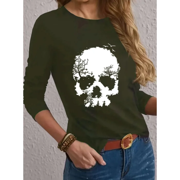 Kadın Uzun Kollu Bisiklet Yaka Kurukafa Desenli Viskon Bluz