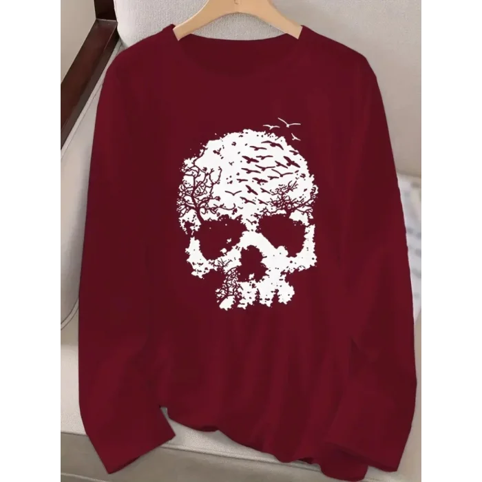 Kadın Uzun Kollu Bisiklet Yaka Kurukafa Desenli Viskon Bluz