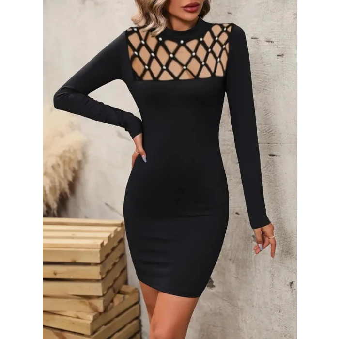 Kadın Uzun Kollu Bisiklet Yaka Lazer Kesim Inci Detay Viskon Iki Iplik Mini Boy Elbise