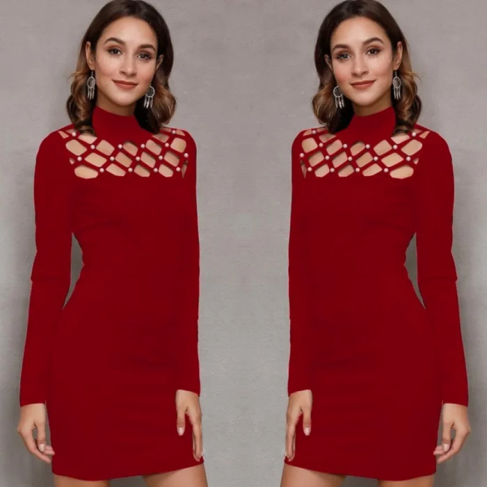 Kadın Uzun Kollu Bisiklet Yaka Lazer Kesim Inci Detay Viskon Iki Iplik Mini Boy Elbise