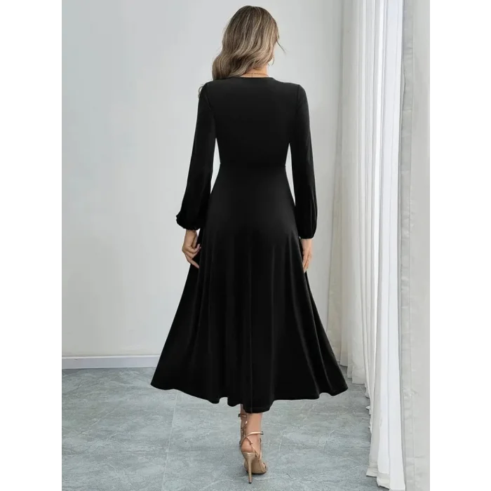 Kadın Uzun Kollu Bisiklet Yaka Midi Kadife Elbise