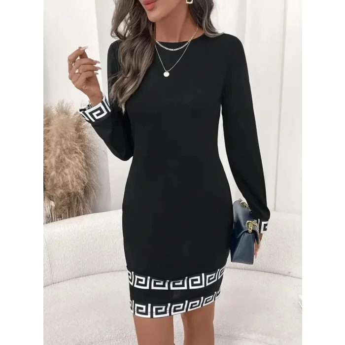 Kadın Uzun Kollu Bisiklet Yaka Mini Ithal Krep Elbise