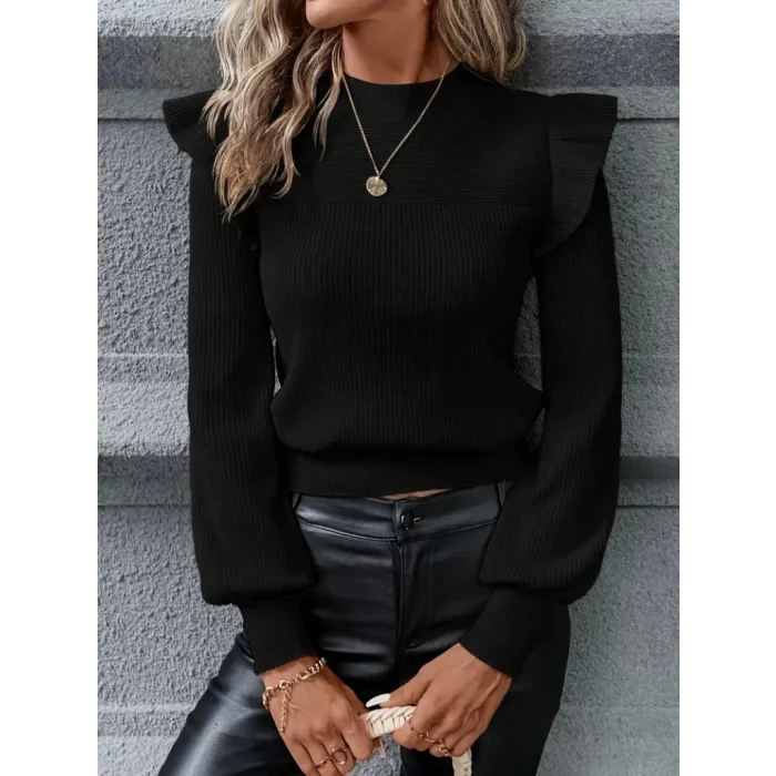 Kadın Uzun Kollu Bisiklet Yaka Omuzları Fırfırlı Triko Bluz