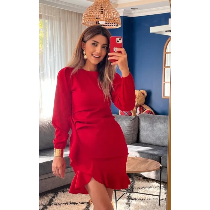 Kadın Uzun Kollu Bisiklet Yaka önden Volanlı Ithal Krep Elbise