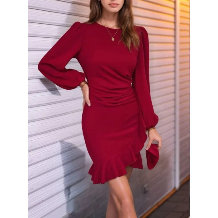 Kadın Uzun Kollu Bisiklet Yaka önden Volanlı Ithal Krep Elbise