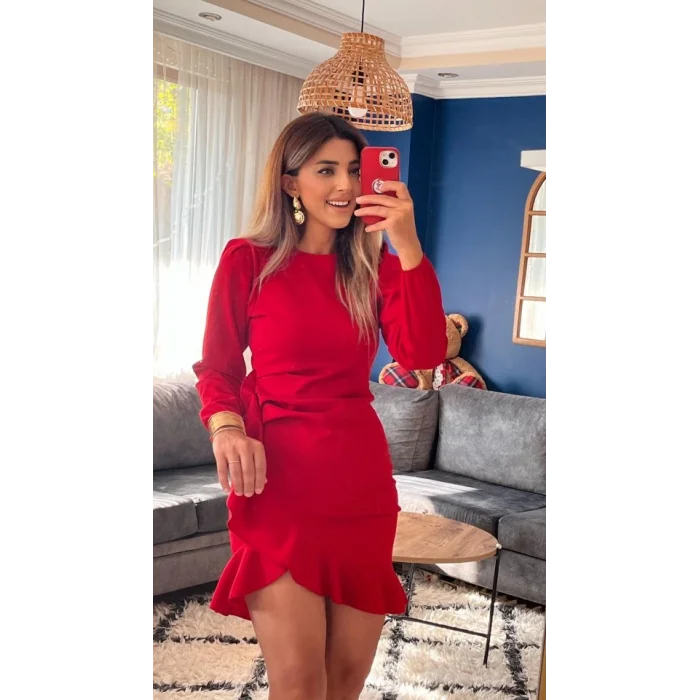 Kadın Uzun Kollu Bisiklet Yaka önden Volanlı Ithal Krep Elbise