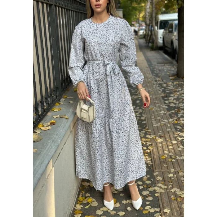 Kadın Uzun Kollu Bisiklet Yaka Papatya Desen Kuşak Dahil Maxi Boy Elbise