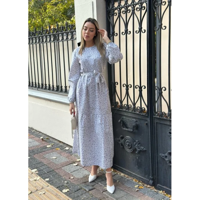 Kadın Uzun Kollu Bisiklet Yaka Papatya Desen Kuşak Dahil Maxi Boy Elbise