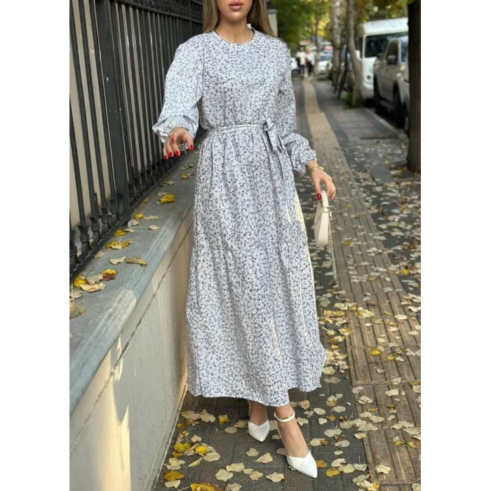 Kadın Uzun Kollu Bisiklet Yaka Papatya Desen Kuşak Dahil Maxi Boy Elbise