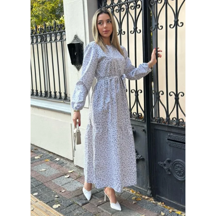 Kadın Uzun Kollu Bisiklet Yaka Papatya Desen Kuşak Dahil Maxi Boy Elbise