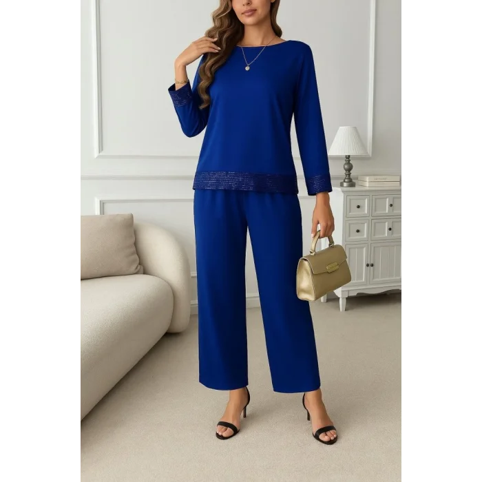 Kadın Uzun Kollu Bisiklet Yaka Pulpayetli Viskon Iki Iplik Bluz Ve Pantolon Ikili Takım