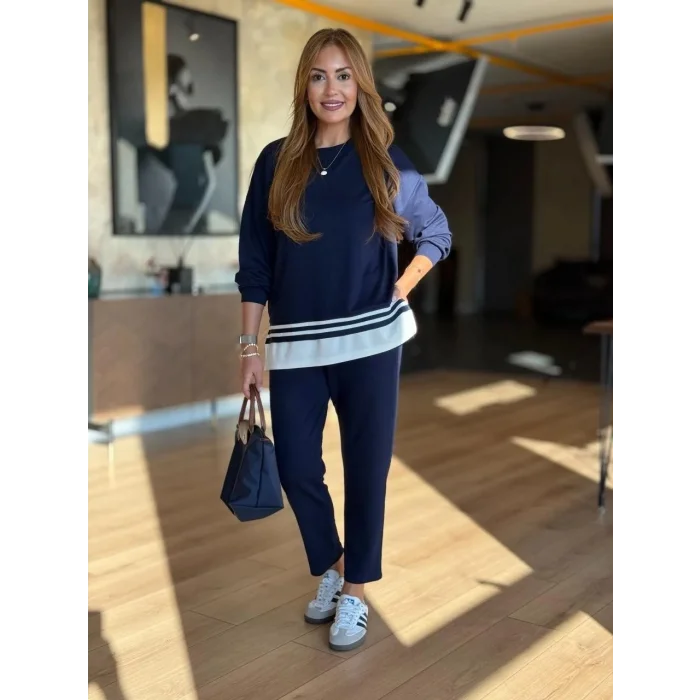 Kadın Uzun Kollu Bisiklet Yaka Ribana Detay Sweat Ve Pantolon Ikili Takım