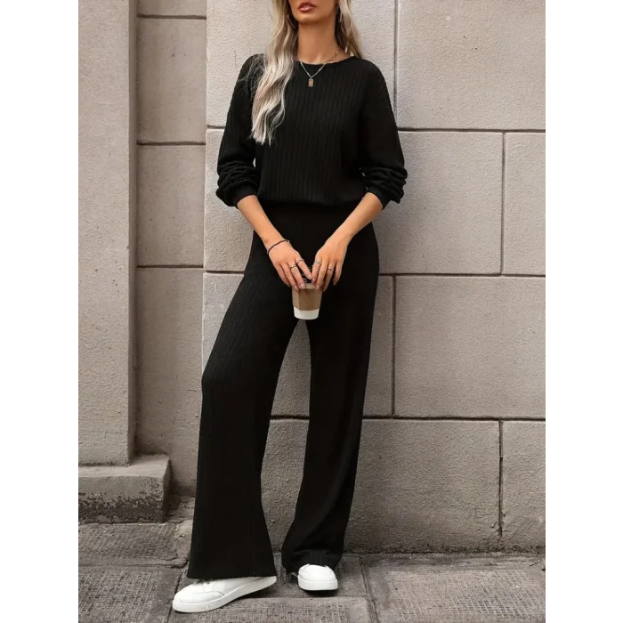 Kadın Uzun Kollu Bisiklet Yaka şardonlu Dalgıç Bluz Ve Pantolon Ikili Takım