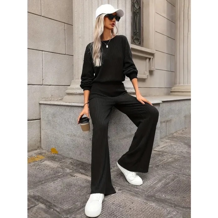 Kadın Uzun Kollu Bisiklet Yaka şardonlu Dalgıç Bluz Ve Pantolon Ikili Takım