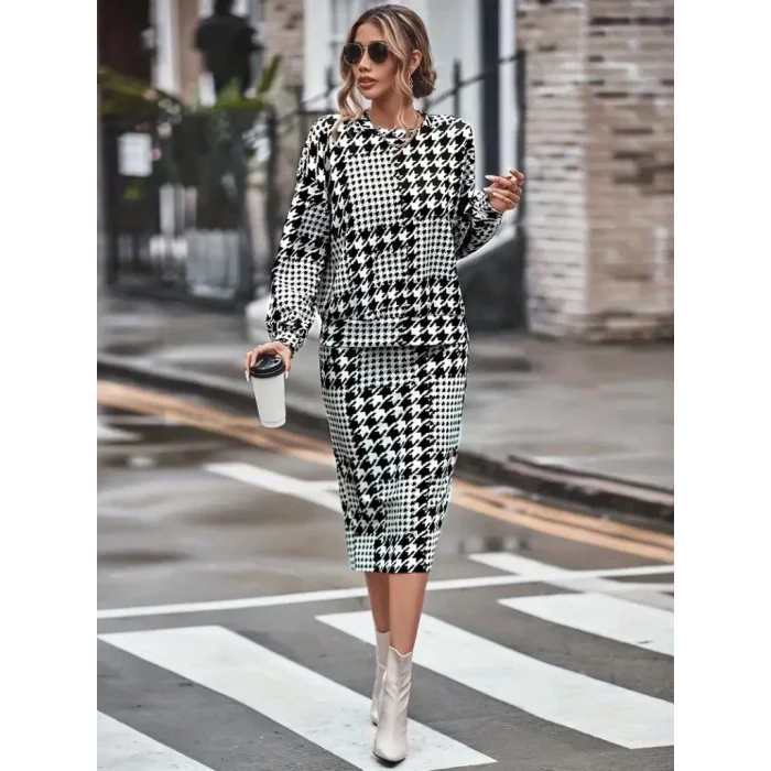 Kadın Uzun Kollu Bisiklet Yaka şardonlu Dalgıç Bluz Ve Yırtmaçlı Midi Etek Takım