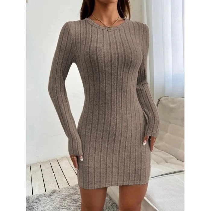 Kadın Uzun Kollu Bisiklet Yaka şardonlu Kalın Fitilli Kaşkorse Mini Boy Elbise