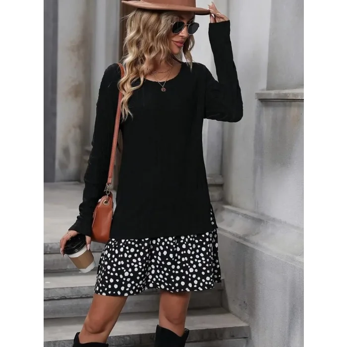 Kadın Uzun Kollu Bisiklet Yaka şardonlu Kaşkorse Bluz Ve Süprem Etek Elbise