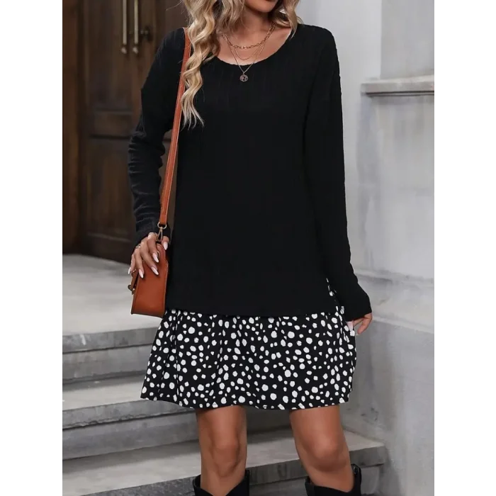 Kadın Uzun Kollu Bisiklet Yaka şardonlu Kaşkorse Bluz Ve Süprem Etek Elbise