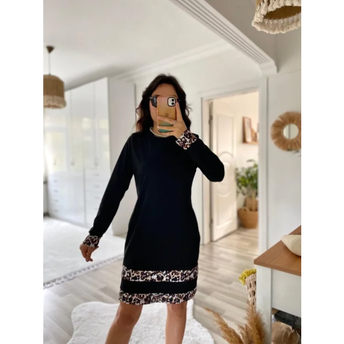 Kadın Uzun Kollu Bisiklet Yaka şerit Leopar Desenli Dalgıç Elbise