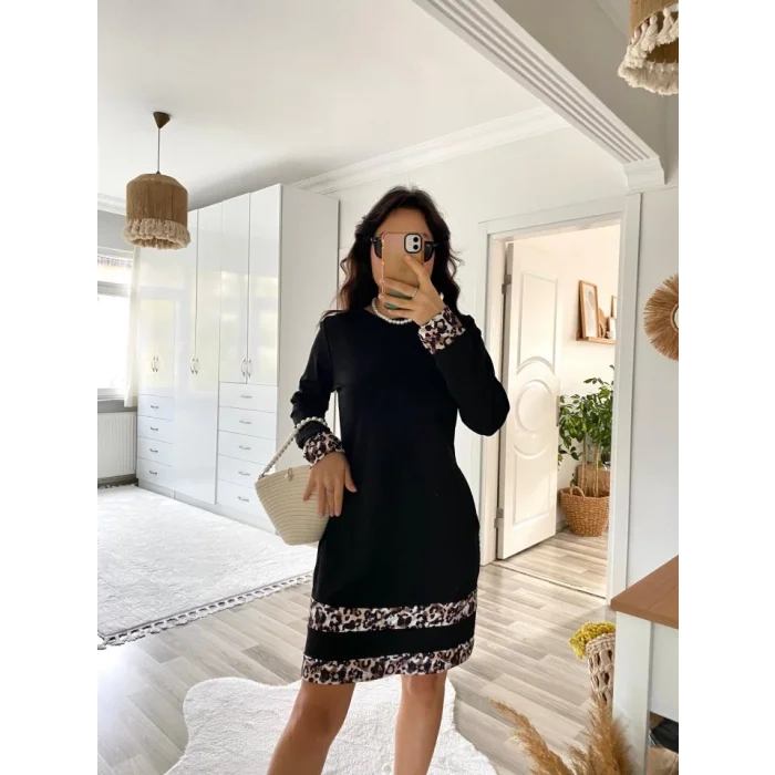 Kadın Uzun Kollu Bisiklet Yaka şerit Leopar Desenli Dalgıç Elbise