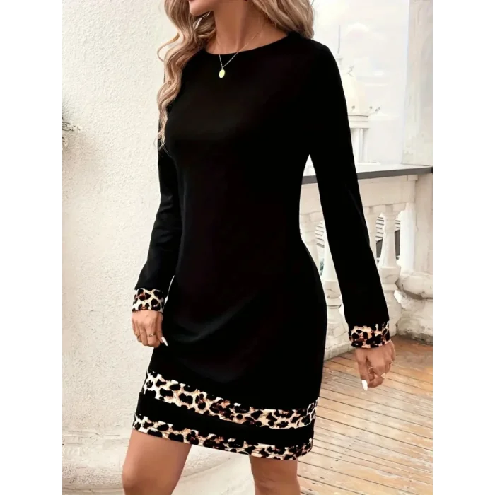 Kadın Uzun Kollu Bisiklet Yaka şerit Leopar Desenli Kısa Dalgıç Elbise