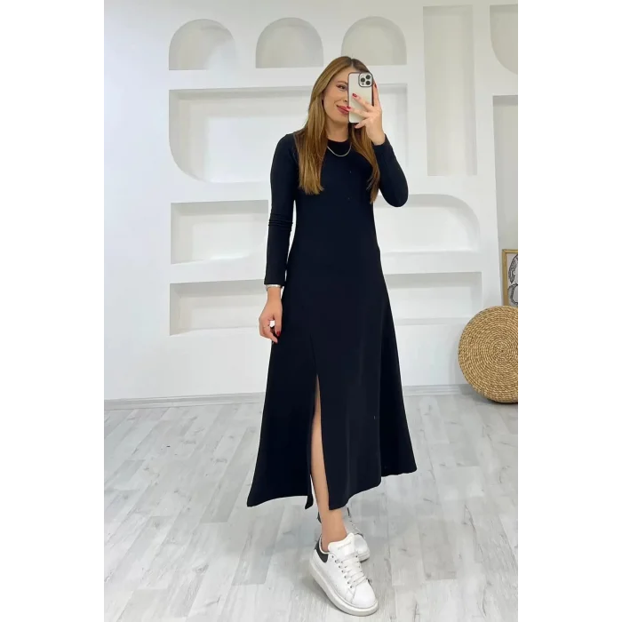 Kadın Uzun Kollu Bisiklet Yaka Size Kadar Yırtmaç Detay Maxi Boy Elbise