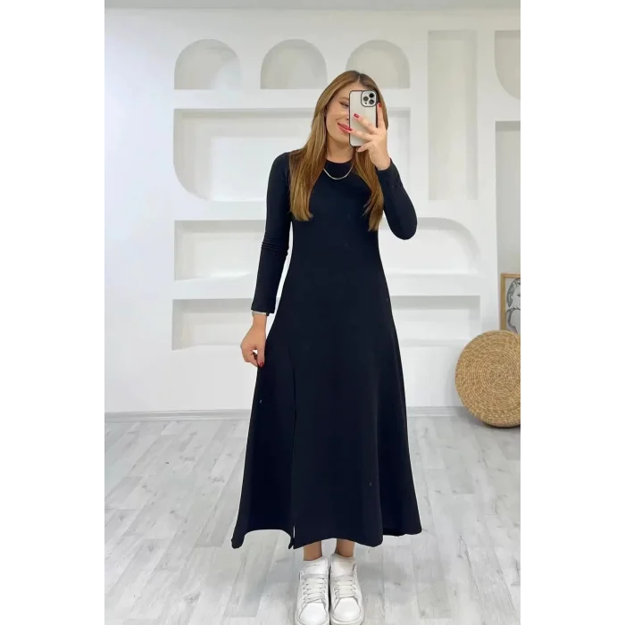 Kadın Uzun Kollu Bisiklet Yaka Size Kadar Yırtmaç Detay Maxi Boy Elbise