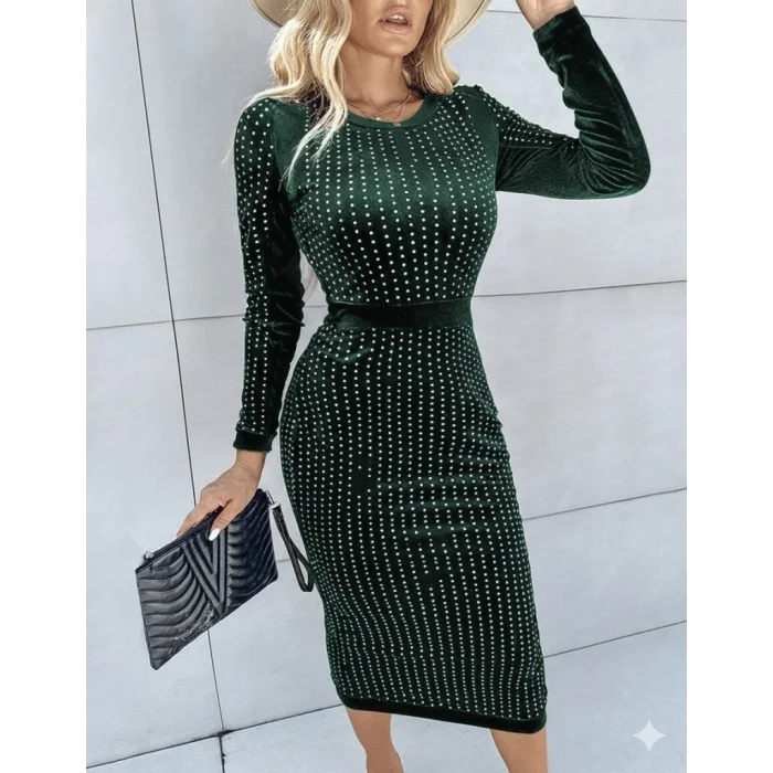 Kadın Uzun Kollu Bisiklet Yaka Taşlı Midi Kadife Elbise