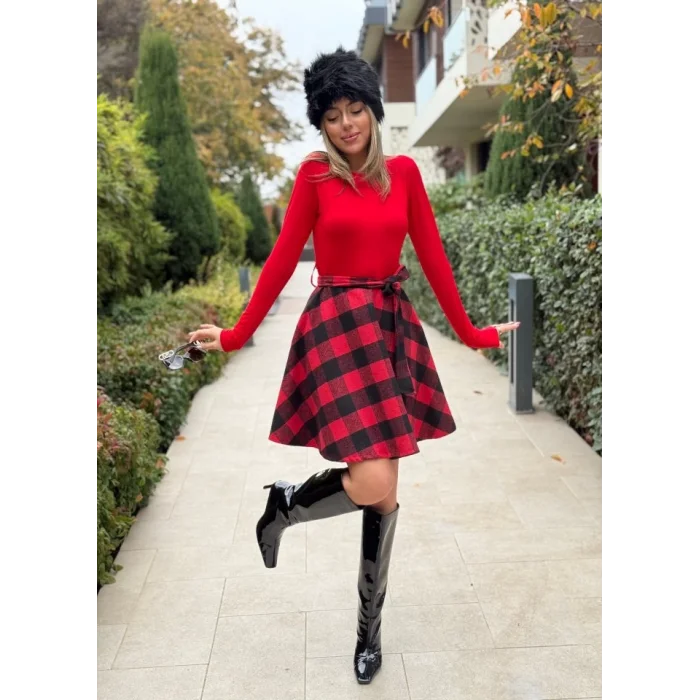 Kadın Uzun Kollu Bisiklet Yaka üst Viskon Alt Ekose Kısa Elbise