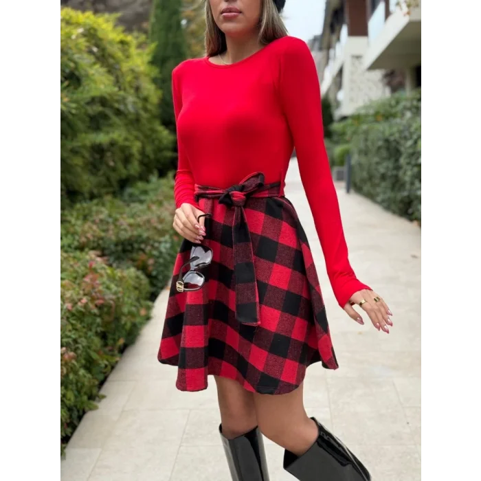 Kadın Uzun Kollu Bisiklet Yaka üst Viskon Alt Ekose Kısa Elbise