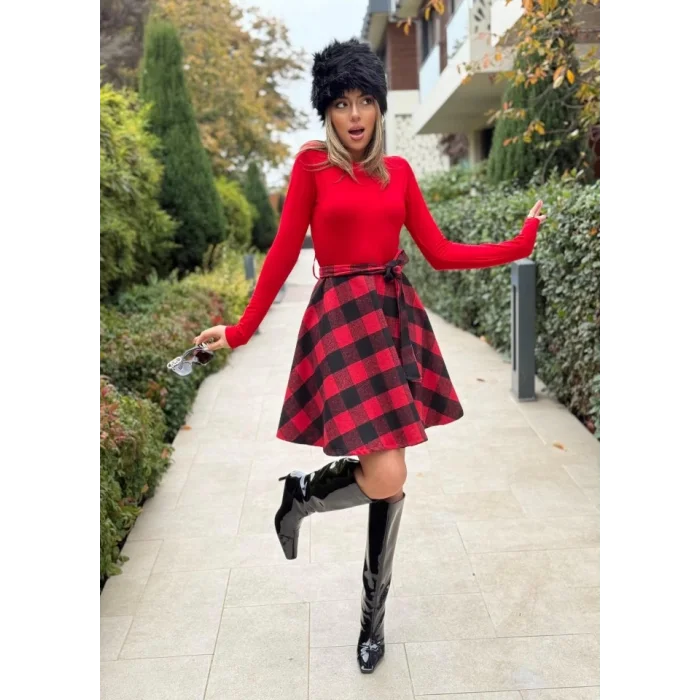 Kadın Uzun Kollu Bisiklet Yaka üst Viskon Alt Ekose Kısa Elbise