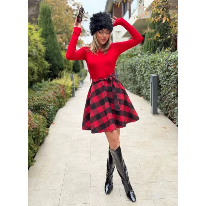 Kadın Uzun Kollu Bisiklet Yaka üst Viskon Alt Ekose Kısa Elbise