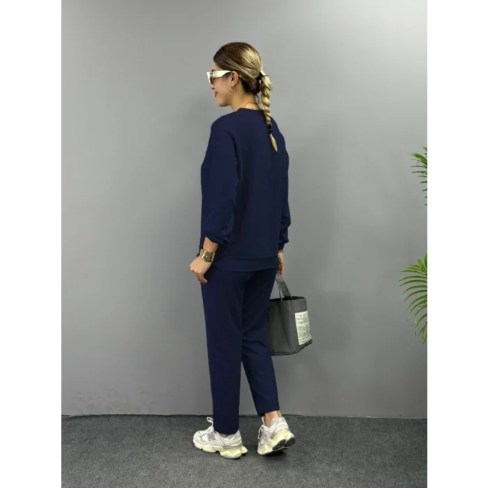 Kadın Uzun Kollu Bisiklet Yaka Viskon Iki Iplik Bluz Ve Pantolon Ikili Takım