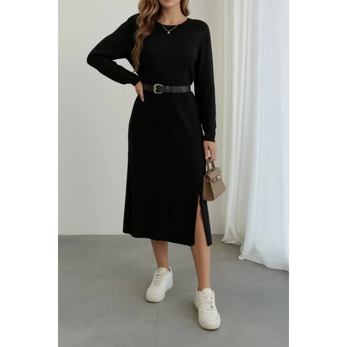 Kadın Uzun Kollu Bisiklet Yaka Yandan Yırtmaçlı Midi Triko Elbise