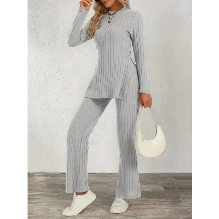 Kadın Uzun Kollu Bisiklet Yaka Yandan Yırtmaçlı şardonlu Kaşkorse Bluz Ve Pantolon Ikili Takım