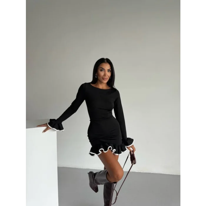 Kadın Uzun Kollu Biye Ve Volan Detaylı Dalgıç Kumaş Mini Elbise