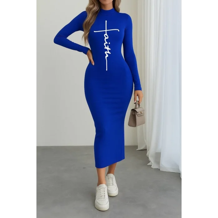 Kadın Uzun Kollu Boğazlı Baskı Detaylı Viskon Tam Boy Elbise