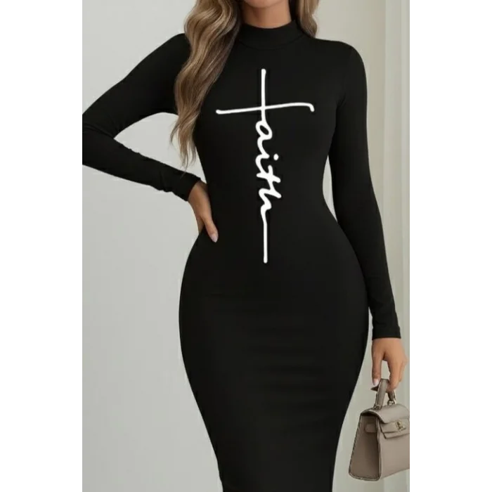 Kadın Uzun Kollu Boğazlı Baskı Detaylı Viskon Tam Boy Elbise