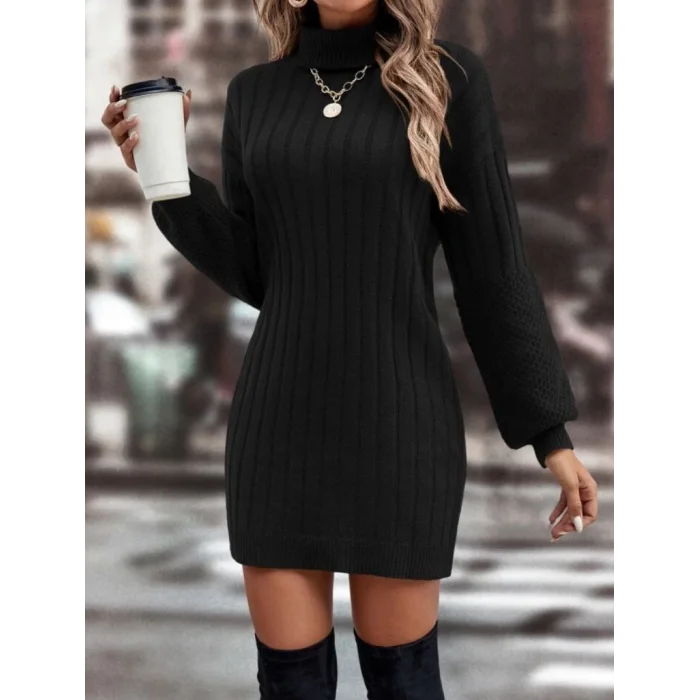 Kadın Uzun Kollu Boğazlı Uzun Balon Kol Triko Mini Elbise