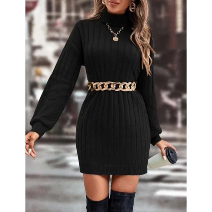 Kadın Uzun Kollu Boğazlı Uzun Balon Kol Triko Mini Elbise