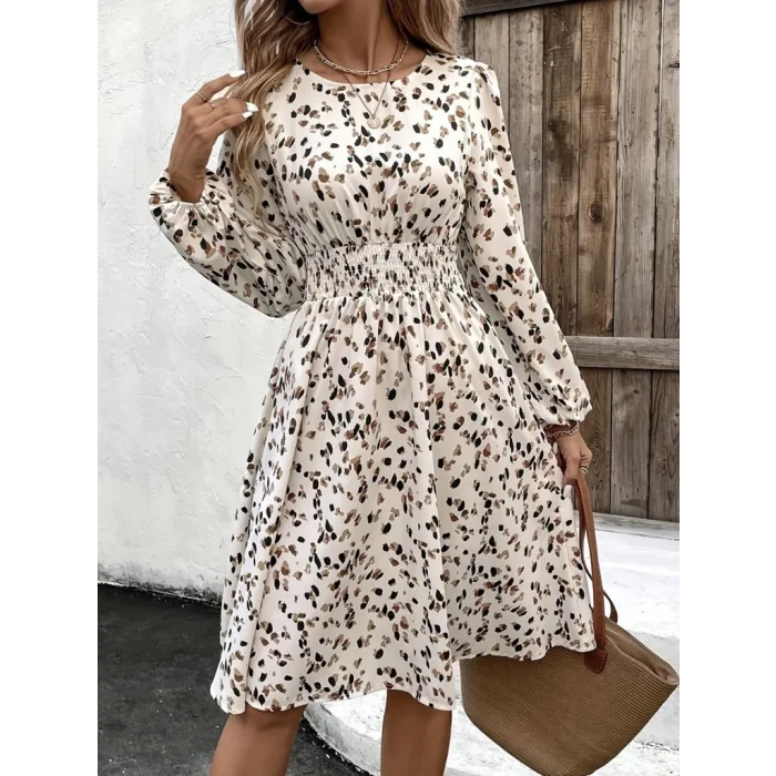 Kadın Uzun Kollu Bot Yaka Beli Lastikli Midi Süprem Elbise