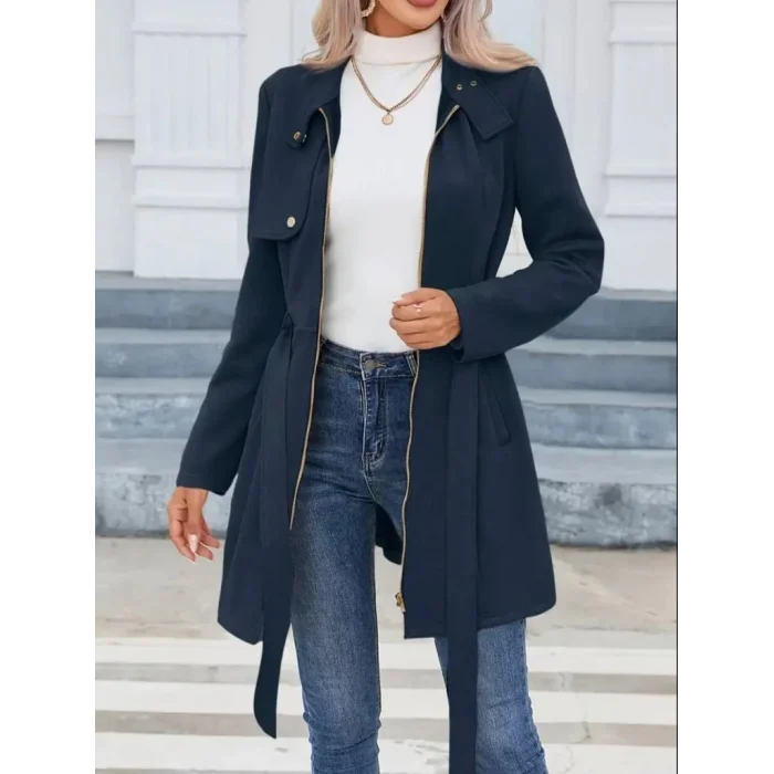 Kadın Uzun Kollu Boyundan Düğmeli Fermuarlı Beli Kuşaklı Süet Ceket