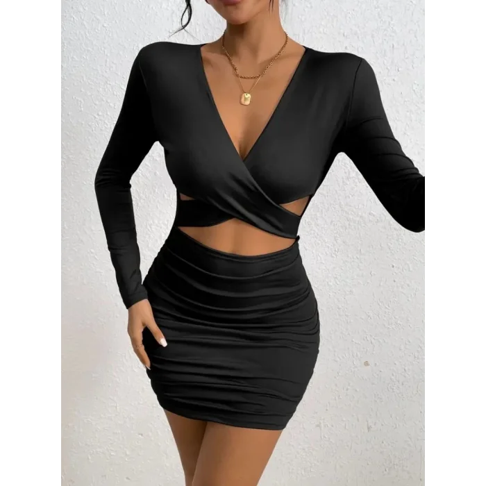 Kadın Uzun Kollu çapraz Dekolte Detaylı Mini Sandy Elbise