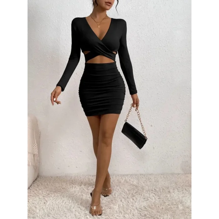 Kadın Uzun Kollu çapraz Dekolte Detaylı Mini Sandy Elbise